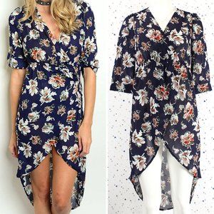 Floral Surplice Wrap Tulip High Low Dress Navy